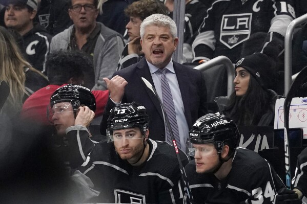 FILE - Los Angeles Kings head coach Todd McLellan gestures during the third period of an NHL hockey game against the Winnipeg Jets Thursday, Oct. 27, 2022, in Los Angeles. The Los Angeles Kings fired coach Todd McLellan on Friday, Feb. 2, 2024, and named Jim Hiller the interim coach for the rest of the season. (AP Photo/Mark J. Terrill, File)
