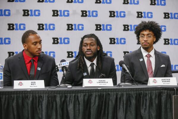 Ohio State players Zed Key, from left to right, Isaac Likekele, and Justice Sueing speak during Big Ten NCAA college basketball Media Days Wednesday, Oct. 12, 2022, in Minneapolis. (AP Photo/Bruce Kluckhohn)