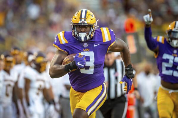 LSU's Andre Anthony runs back a fumble for a touchdown against Central Michigan during an NCAA college football game Saturday, Sept. 18, 2021, in Baton Rouge, La. (Scott Clause/The Daily Advertiser via AP)
