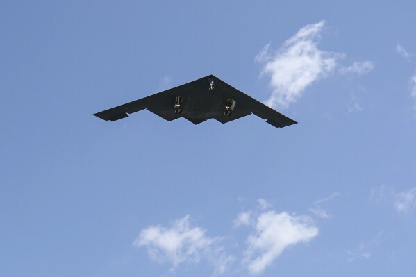 A B-2 bomber arrives at Whiteman Air Force Base Mo., Sunday, June 22, 2025. (AP Photo/David Smith)