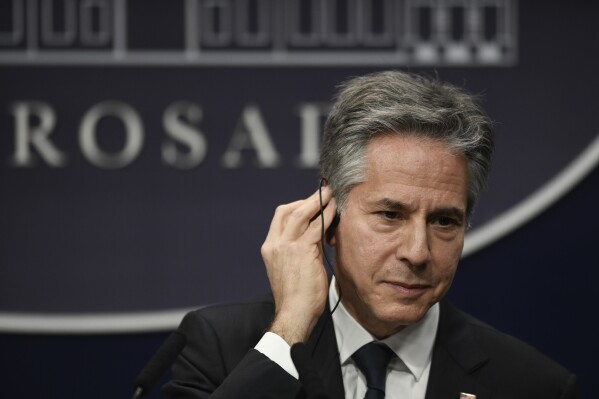 U.S. Secretary of State Antony Blinken attends a press conference at the government house in Buenos Aires, Argentina, Friday, Feb. 23, 2024. (AP Photo/Gustavo Garello)