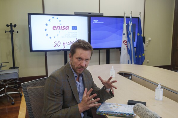 The executive director of the European Union Agency for Cybersecurity, ENISA, Juhan Lepassaar, speaks during an interview with the Associated Press, in Athens, Greece, Tuesday, May 28, 2024. Lepassaar said the Athens-based agency had recorded a sharp rise in cybersecurity incidents in 2024. National and multinational cybersecurity agencies have stepped up activities and exercises globally ahead of elections in the European Union, the United States and other countries (AP Photo/Petros Giannakouris)