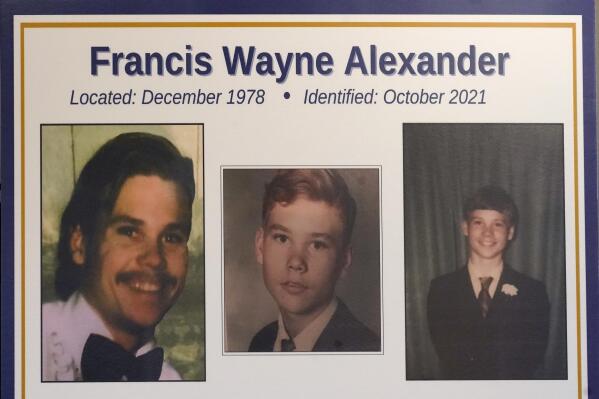 This image displayed at a news conference by the Cook County Sheriff's Office on Monday, Oct. 25, 2021, shows three photos of Francis Wayne Alexander, a North Carolina native who has been identified as one of the victims of John Wayne Gacy. Alexander's body was one of many discovered by police in the crawl space of Gacy's home more than 40 years ago. (Courtesy of the Cook County Sheriff's Office via AP)