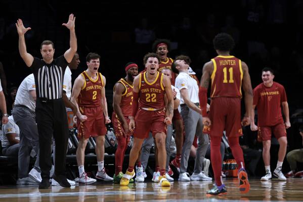Iowa State's Gabe Kalscheur (22) reacts after making a 3-point basket and being fouled during the second half of the team's NCAA college basketball game against Memphis in the NIT Season Tip-Off tournament Friday, Nov. 26, 2021, in New York. Iowa State won 78-59. (AP Photo/Adam Hunger)