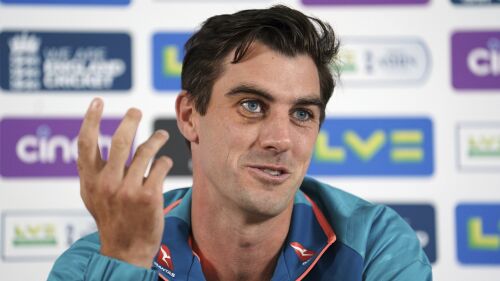 Australia's Pat Cummins during a press conference at Headingley, Leeds, England, Wednesday, July 5, 2023. (Martin Rickett/PA via AP)