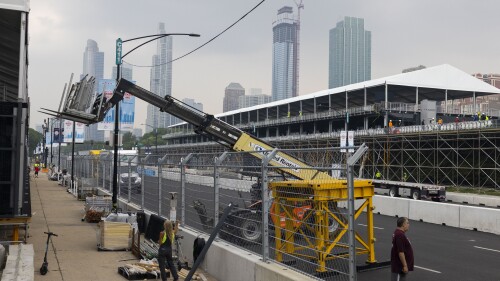 Construction continues on South Columbus Drive on Monday, June 26, 2023, for the upcoming NASCAR Chicago Street Race in Chicago. (Eileen T. Meslar/Chicago Tribune via AP)
