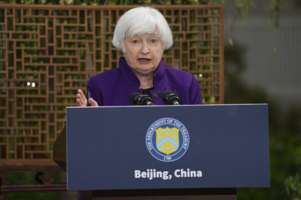 U.S. Treasury Secretary Janet Yellen speaks during a press conference in Beijing, China, Monday, April 8, 2024. (AP Photo/Tatan Syuflana)