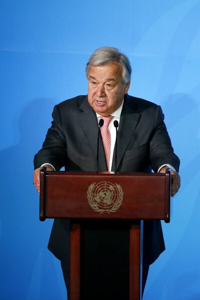 U.N. Secretary-General Antonio Guterres addresses the Climate Action Summit in the United Nations General Assembly, at U.N. headquarters, Monday, Sept. 23, 2019. (AP Photo/Jason DeCrow)