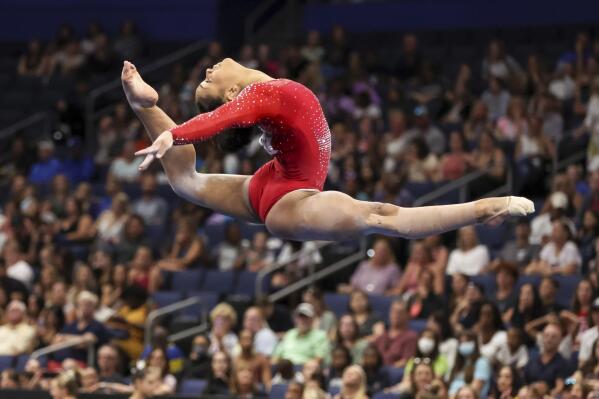 Konnor McClain competes on the floor during the U.S. Gymnastics Championships, Sunday, Aug. 21, 2022, in Tampa, Fla. (AP Photo/Mike Carlson)