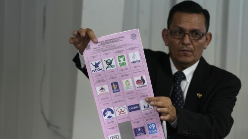 An electoral authority holds up an invalid ballot during a meeting with political party lawyers, in Guatemala City, Tuesday, July 4, 2023. The Constitutional Court ordered the investigation of alleged irregularities claimed by political parties that lost in the June 25th general elections. (AP Photo/Moises Castillo)