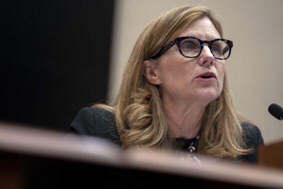 University of Pennsylvania President Liz Magill reads her opening statement during a hearing of the House Committee on Education on Capitol Hill, Tuesday, Dec. 5, 2023 in Washington. (APPhoto/Mark Schiefelbein)