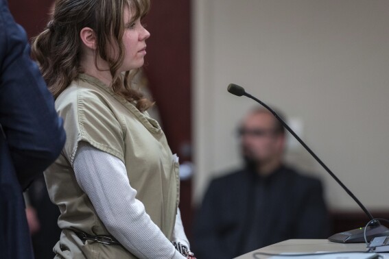 Hannah Gutierrez-Reed makes a statement to the court during her sentencing hearing in Santa Fe, New Mexico, on Monday April 15, 2024. Gutierrez-Reed, the armorer on the set of the Western film "Rust," was sentenced to 18 months in prison. She was convicted in March of involuntary manslaughter in the death of cinematographer Halyna Hutchins, who was fatally shot by Alec Baldwin in 2021. (Eddie Moore/Albuquerque Journal via AP, Pool)