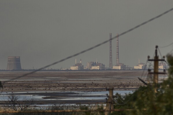 FILE - The Zaporizhzhia nuclear power plant, Europe's largest, is seen in the background of the shallow Kakhovka Reservoir after the dam collapse, in Energodar, Russian-occupied Ukraine, Tuesday, June 27, 2023. Officials at the Russian-controlled Zaporizhzhia Nuclear Power Plant said that the site was attacked Sunday April 7, 2024, by Ukrainian military drones, including a strike on the dome of the plant’s sixth power unit. (AP Photo/Libkos, File)