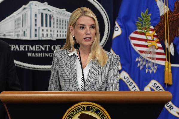 Attorney General Pam Bondi speaks during a news conference about Kilmar Abrego Garcia at the Justice Department, Friday June 6, 2025, in Washington. (AP Photo/Julia Demaree Nikhinson)