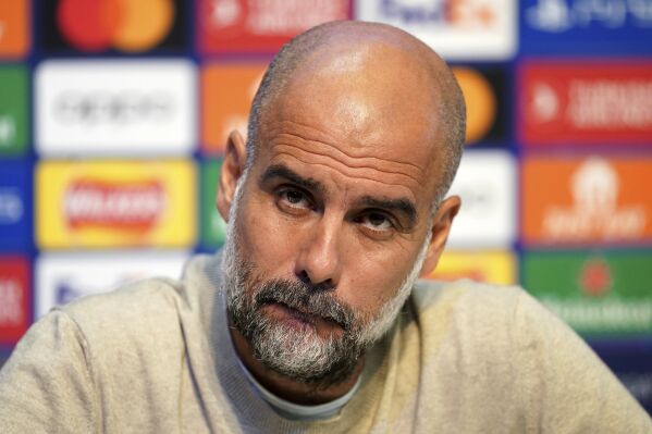 Manchester City manager Pep Guardiola during a press conference ahead of Tuesday's Champions League soccer match against Red Star, at City Football Academy, Manchester, Monday Sept. 18, 2023. (Martin Rickett/PA via AP)