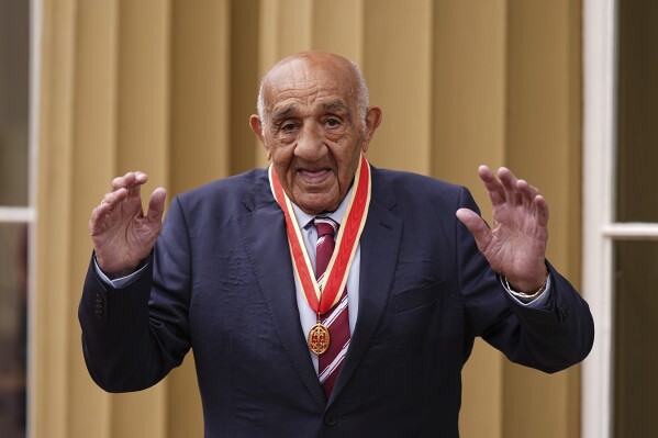 Rugby league star Billy Boston after he received his Knighthood at an Investiture ceremony at Buckingham Palace, London, Tuesday June 10, 2025. (Aaron Chown/Pool via AP)