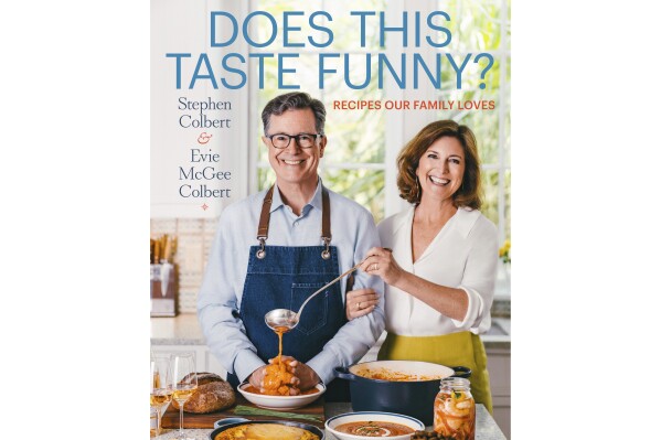 This image released by Celadon Books shows "Does This Taste Funny? Recipes Our Family Loves" a cookbook by Stephen Colbert and his wife, Evie McGee Colbert. (Celadon Books via AP)