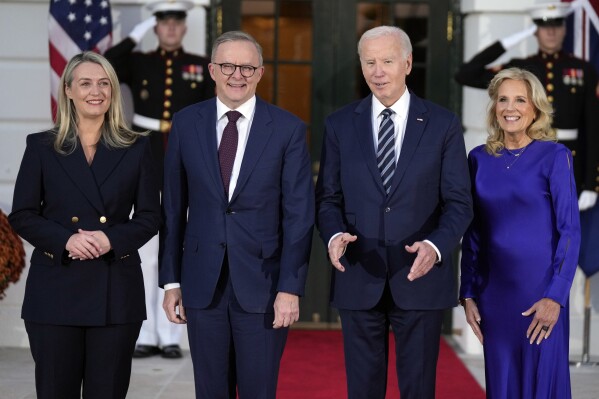 President Joe Biden and first lady Jill Biden welcome Australia's Prime Minister Anthony Albanese and his partner Jodie Haydon to the White House Tuesday, Oct. 24, 2023. (AP Photo/Manuel Balce Ceneta)