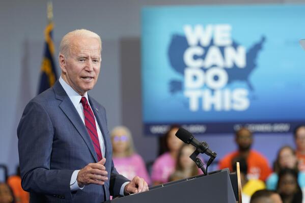 President Joe Biden speaks at the Green Road Community Center in Raleigh, N.C., Thursday, June 24, 2021. Biden is in North Carolina to meet with frontline workers and volunteers and speak about the importance of getting vaccinated. (AP Photo/Susan Walsh)