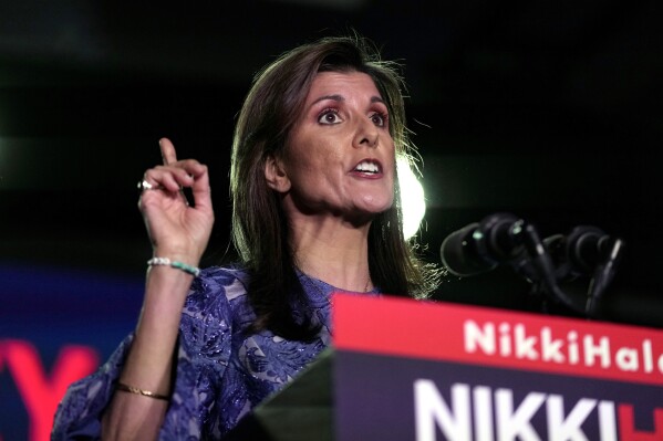 Republican presidential candidate former UN Ambassador Nikki Haley speaks at a New Hampshire primary night rally, in Concord, N.H., Tuesday Jan. 23, 2024. (AP Photo/Charles Krupa)