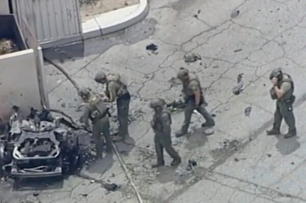 Law enforcement is investigating the vehicle after it exploded in Palm Springs, California on Saturday, May 17, 2025 (via ABC7 Los Angeles)