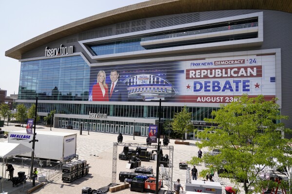 The Fiserv Forum is seen as set up continues for the upcoming Republican presidential debate Tuesday, Aug. 22, 2023, in Milwaukee. (AP Photo/Morry Gash)