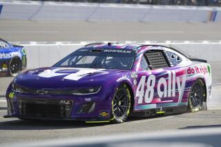 Alex Bowman (48) leaves pit lane during a NASCAR Cup Series auto race at Richmond Raceway on Sunday, April 2, 2023, in Richmond, Va. (AP Photo/Mike Caudill)