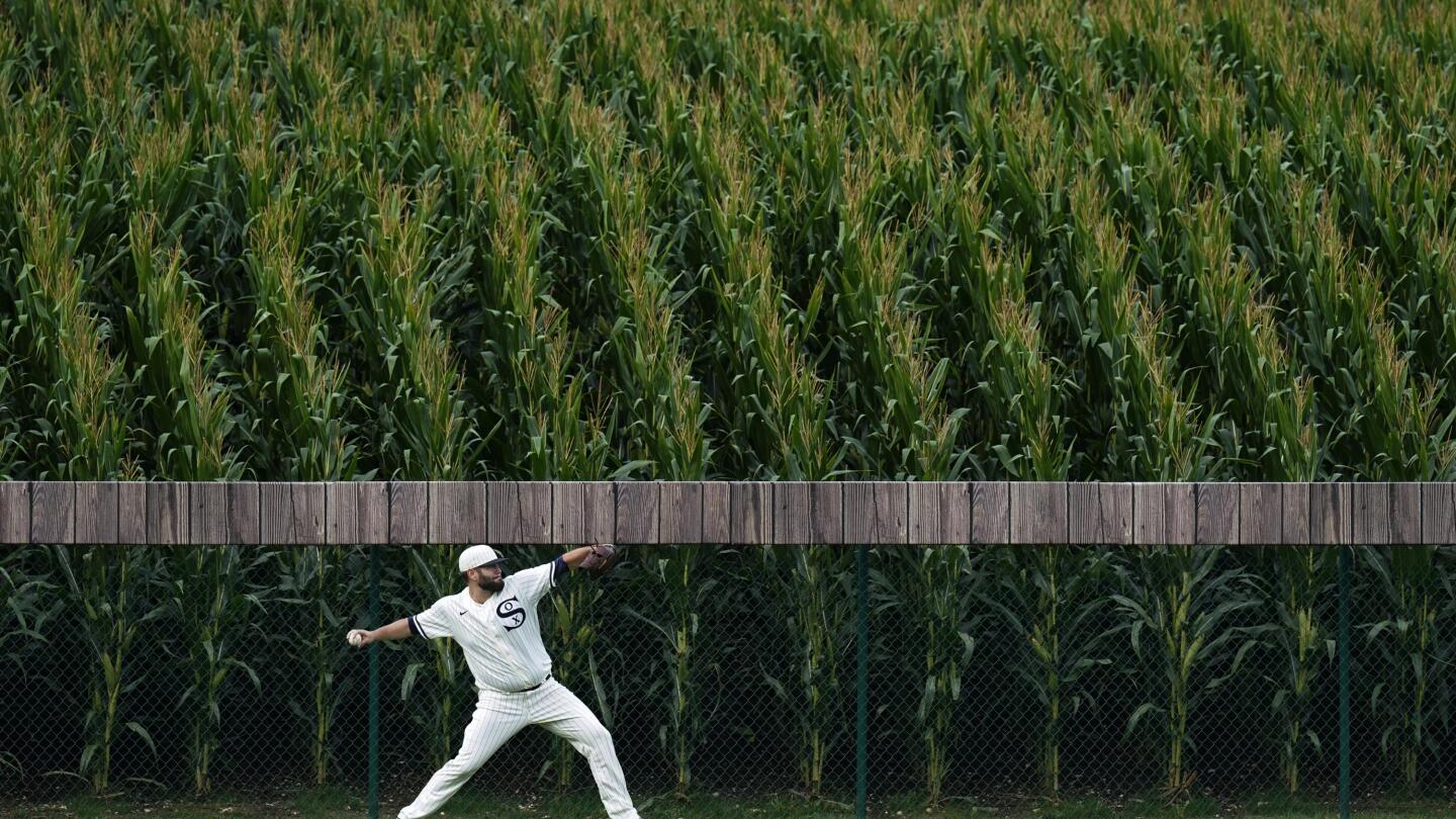 The Chicago White Sox' Jose Abreu hits a solo home run in the first inning  against the New York Yankees at the Field of Dreams game in Dyersville,  Iowa, on Thursday, Aug.