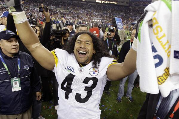 FILE - In this Sunday, Feb. 1, 2009 file photo, Pittsburgh Steelers safety Troy Polamalu celebrates following Pittsburgh's 27-23 win over the Arizona Cardinals in the NFL Super Bowl XLIII football game in Tampa, Fla.  Former Pittsburgh Steelers star Troy Polamalu has carved his own unique path to the Hall of Fame. (AP Photo/Amy Sancetta, File)