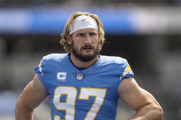 FILE - Los Angeles Chargers linebacker Joey Bosa (97) looks on before an NFL football game against the Jacksonville Jaguars on Sept. 25, 2022, in Inglewood, Calif. Bosa took part in 15 snaps during practice on Thursday's Dec. 29, 2022, after he was designated to return from injured reserve. The seventh-year linebacker has missed the last 12 games after tearing his right groin on Sept. 25 against the Jaguars. (AP Photo/Kyusung Gong, File)