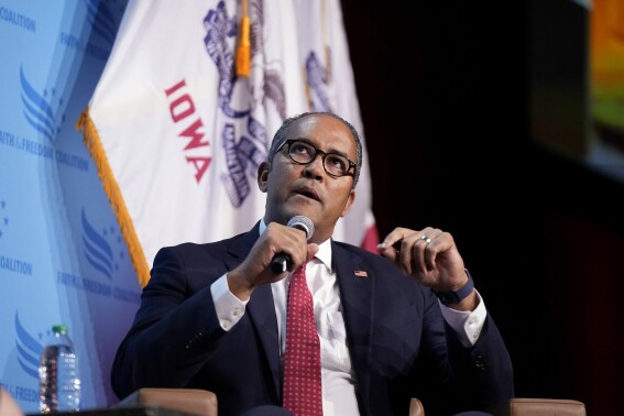 FILE - Republican presidential candidate Will Hurd speaks at the Iowa Faith and Freedom Coalition's banquet, Sept. 16, 2023, in Des Moines, Iowa. Hurd has suspended his Republican presidential bid, abandoning a brief campaign built on criticizing Donald Trump at a time when his party seems even more determined to embrace the former president. (AP Photo/Bryon Houlgrave, File)