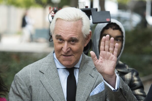 FILE - In this Nov. 7, 2019, file photo, Roger Stone arrives at federal court in Washington. (AP Photo/Cliff Owen, File)
