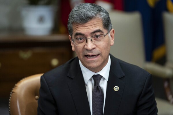 FILE - Health and Human Services Secretary Xavier Becerra speaks during a meeting with a task force on reproductive health care access in the Roosevelt Room of the White House, April 12, 2023, in Washington. The nation's top health official implored states to do more to keep lower-income residents enrolled in Medicaid as the Biden administration released figures Friday, July 28, confirming that many who had health coverage during the coronavirus pandemic are now losing it. (AP Photo/Evan Vucci, File)