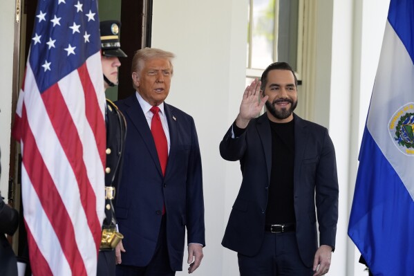President Donald Trump receives El Salvador's President Nayib Bukele at the West Wing of the White House, in Washington, April 14, 2025. (AP Photo/Alex Brandon, File)
