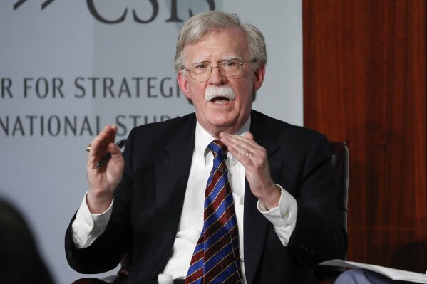 FILE - In this Sept. 30, 2019, file photo, former National security adviser John Bolton gestures while speakings at the Center for Strategic and International Studies in Washington. Bolton said Monday, July 20, 2020 he believes President Donald Trump committed several impeachable offenses, but Democratic congressional leaders doomed their effort to remove him from office by rushing the process for partisan purposes. (AP Photo/Pablo Martinez Monsivais, file)