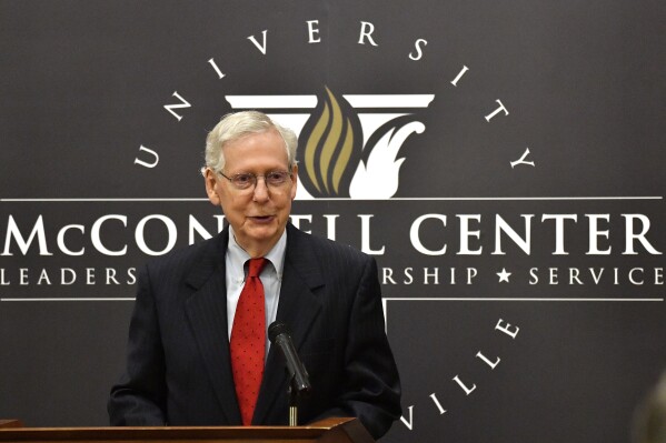 FILE - Senate Minority Leader Mitch McConnell, R-Ky., gives remarks during a presentation at the University of Louisville in Louisville, Ky., Tuesday, April 2, 2024. With his days as Republican leader now numbered, the Kentuckian is talking more freely about his priorities once he's no longer calling the shots for his party. (AP Photo/Timothy D. Easley, File)