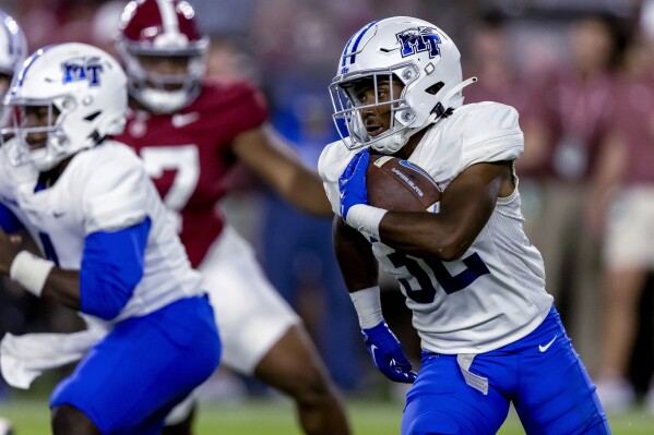 Middle Tennessee running back Jekail Middlebrook carries the ball against Alabama during the second half an NCAA college football game Saturday, Sept. 2, 2023, in Tuscaloosa, Ala. (AP Photo/Vasha Hunt)