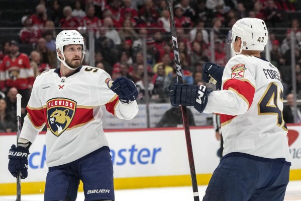 Florida Panthers defenseman Oliver Ekman-Larsson, left, celebrates with defenseman Gustav Forsling, after scoring in the first period of an NHL hockey game against the Washington Capitals, Wednesday, Nov. 8, 2023, in Washington. (AP Photo/Mark Schiefelbein)