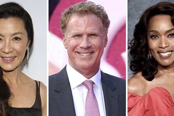 This combination photo shows Michelle Yeoh, from left, Will Ferrell, and Angela Bassett. Yeoh, Ferrell and Bassett, along with Amanda Seyfried, Julia Garner, George Lopez and Justin Hartley have been announced as presenters for this year's Golden Globe Awards. The Golden Globes will air live on Jan 7, 2024. (AP Photo)
