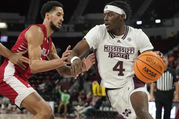 Mississippi State guard Cameron Matthews (4) drives up court against Nicholls State forward Marek Nelson (0) during the first half of an NCAA college basketball game, in Starkville, Miss., Saturday, Dec. 17, 2022. (AP Photo/Rogelio V. Solis)