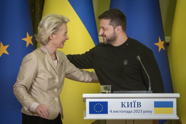 Ukrainian President Volodymyr Zelenskyy, right, and European Commission President Ursula von der Leyen attend a press conference in Kyiv, Ukraine, Saturday, Nov. 4, 2023. (AP Photo/Efrem Lukatsky)