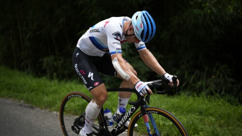 Netherlands' sprinter Fabio Jakobsen, injured in a crash in the fourth stage, is distanced by the pack during the fifth stage of the Tour de France cycling race over 163 kilometers (101 miles) with start in Pau and finish in Laruns, France, Wednesday, July 5, 2023. (AP Photo/Daniel Cole)