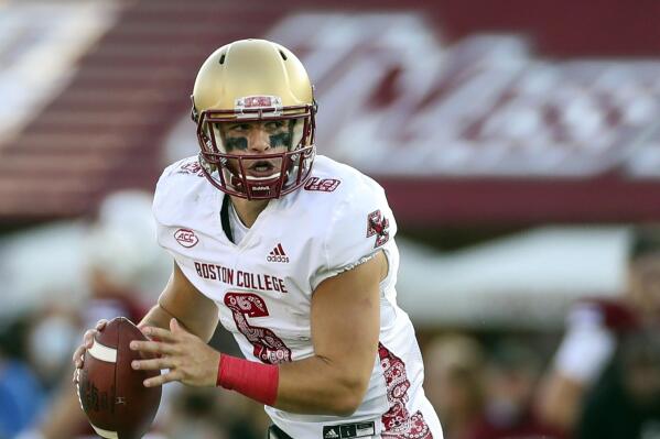 FILE- In this Saturday, Sept 11, 2021, file photo, Boston College Eagles quarterback Dennis Grosel (6) looks to pass during an NCAA football game against the Massachusetts in Amherst, Mass. Grosel is a pretty good option for Boston College when it heads to the stadium that’s home to the Eagles (NFL version) to play Temple (1-1). (AP Photo/Damian Strohmeyer, File)