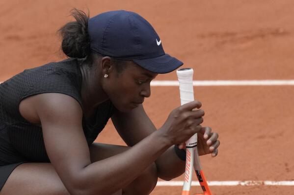 United States's Sloane Stephens reacts after missing a point as she plays against Czech Republic's Karolina Muchova during their third round match on day 7, of the French Open tennis tournament at Roland Garros in Paris, France, Saturday, June 5, 2021. (AP Photo/Christophe Ena)