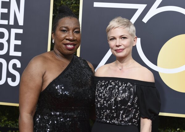 
              Tarana Burke, left, and Michelle Williams arrive at the 75th annual Golden Globe Awards at the Beverly Hilton Hotel on Sunday, Jan. 7, 2018, in Beverly Hills, Calif. (Photo by Jordan Strauss/Invision/AP)
            