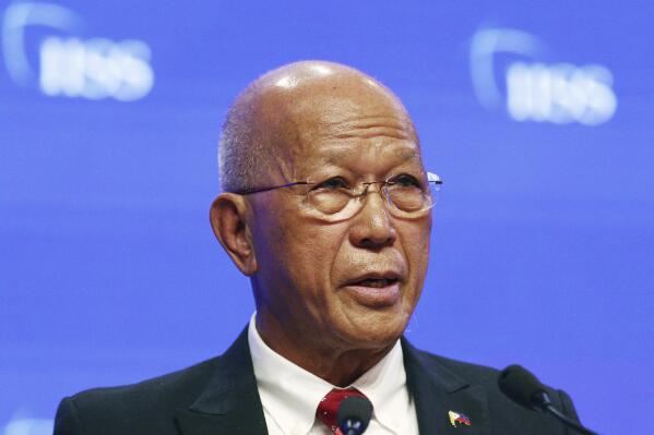 FILE - Philippine Secretary of National Defense Delfin Lorenzana speaks during the fifth plenary session of the 18th International Institute for Strategic Studies (IISS) Shangri-la Dialogue, an annual defense and security forum in Asia, in Singapore on June 2, 2019. Former Defense Secretary Delfin Lorenzana said he cancelled the 12.7 billion-peso ($227 million) deal to acquire the Mi-17 helicopters last month in a decision that was approved by then-President Rodrigo Duterte before his six-year term ended on June 30. (AP Photo/Yong Teck Lim, File)