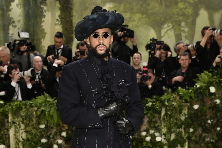 Bad Bunny attends The Metropolitan Museum of Art's Costume Institute benefit gala celebrating the opening of the "Sleeping Beauties: Reawakening Fashion" exhibition on Monday, May 6, 2024, in New York. (Photo by Evan Agostini/Invision/AP)