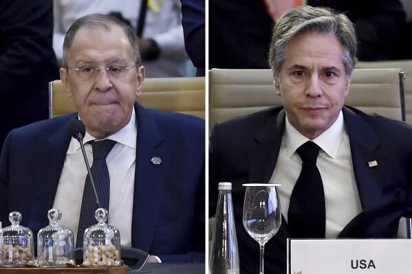 This combination of photos shows U.S. Secretary of State Antony Blinken, right, and Russian Foreign Minister Sergey Lavrov, left, attend the G20 foreign ministers' meeting, respectively, in New Delhi, India, Thursday, March 2, 2023. (Olivier Douliery/Pool Photo via AP)