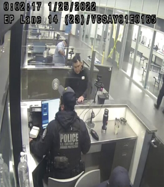 This Jan. 25, 2022, still image provided by the U.S. Department of Justice shows Bryant Rivera of Downey, Calif, on a U.S. Customs and Border security camera. U.S. authorities on Thursday, July 6, 2023, arrested Rivera, accused of killing three women in the Mexican border city of Tijuana and crossing back and forth across the border after each of the deaths that occurred over the course of nearly a year starting in 2021. (U.S. Department of Justice via AP)