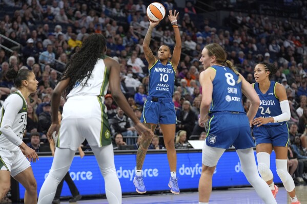 Minnesota Lynx guard Courtney Williams (10) shoots during the first half of a WNBA basketball game against the Seattle Storm, Tuesday, May 27, 2025, in Minneapolis. (AP Photo/Abbie Parr)
